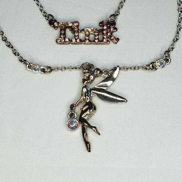 Fairy y2k Silver Tinkerbell Charm Rhinestone necklace Set pink iridescent gems - Picture 5 of 10